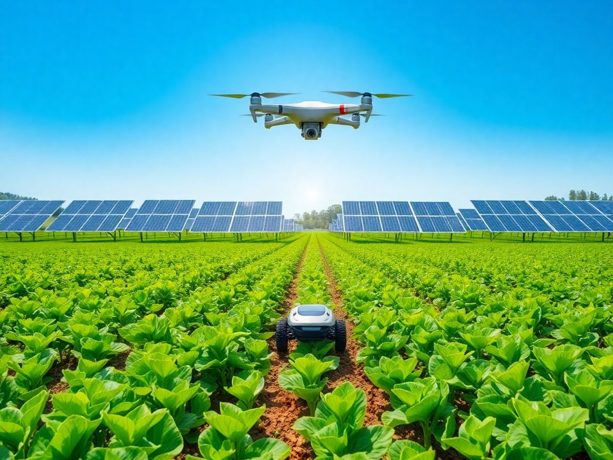 Câmpuri verzi, dronă, panouri solare, robot agricol.