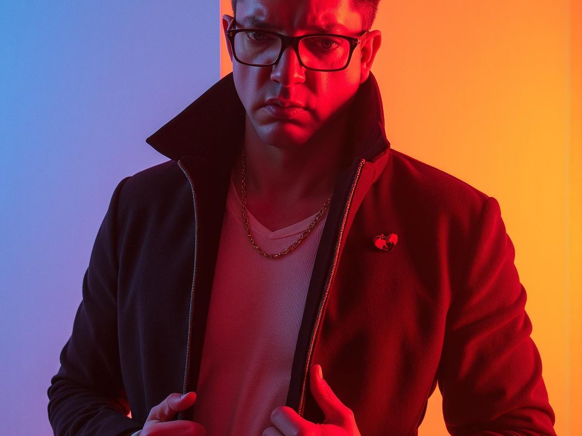 A person in a stylish coat against a colorful background.