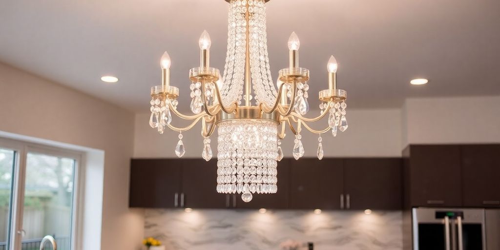Modern crystal chandelier illuminating a chic kitchen space.