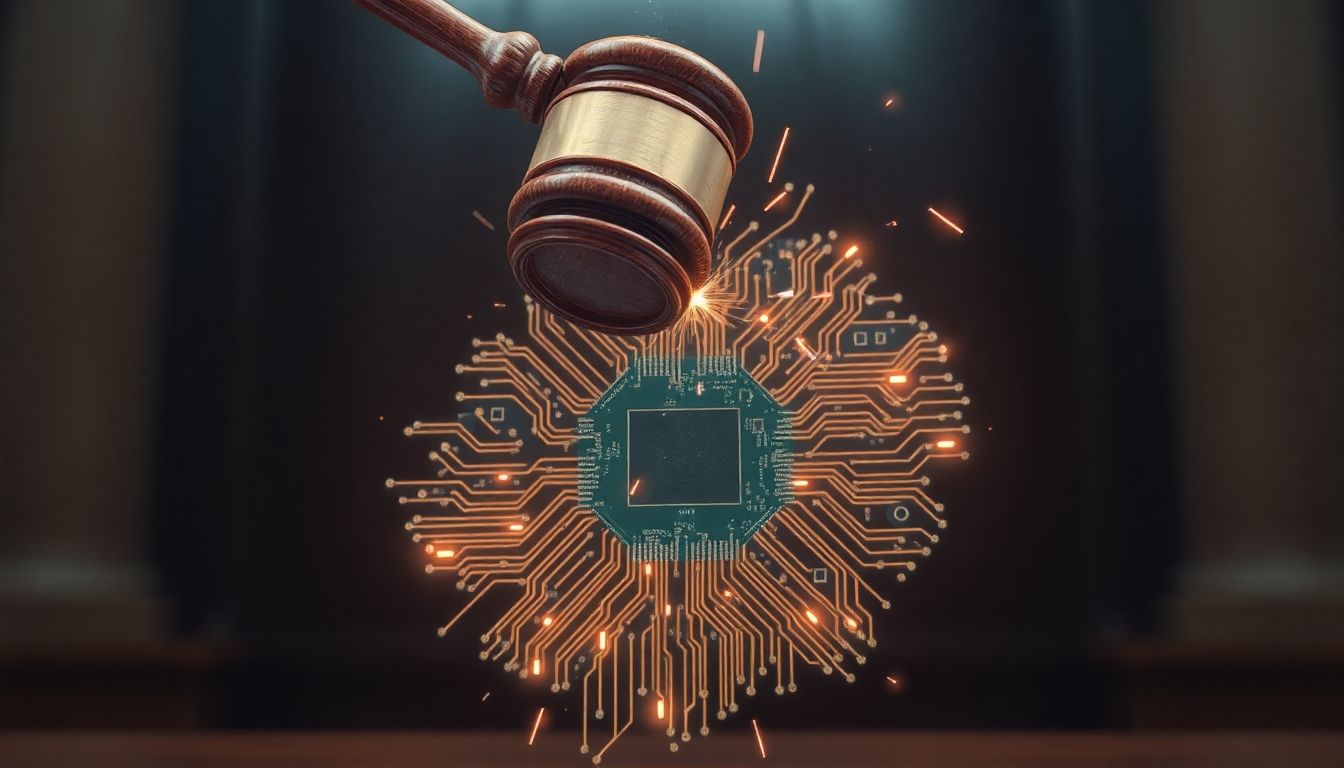 Gavel striking AI circuit board.