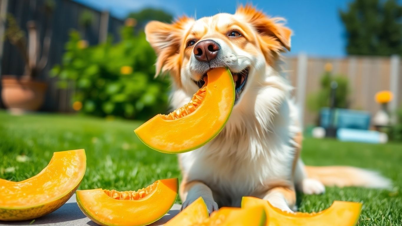 Dog happily eating cantaloupe in a sunny backyard.