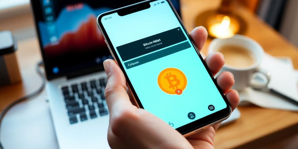 Pessoa segurando smartphone com logo do Bitcoin.
