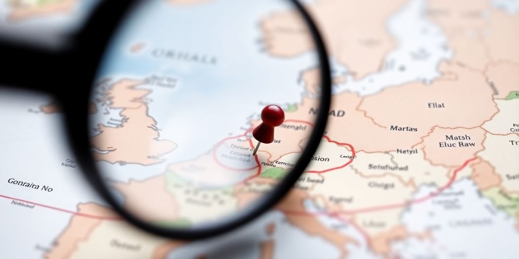 Magnifying glass on a map with a location pin.