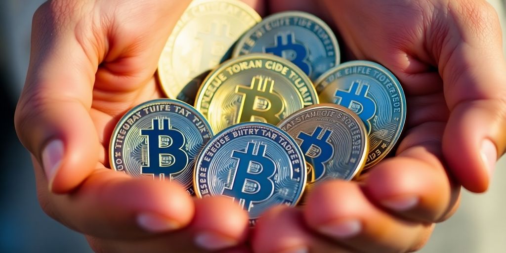 Digital coins in hands