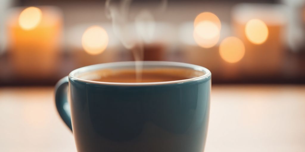 A steaming mug of coffee sits on a wooden table.