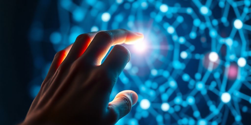 Hand interacting with glowing AI patterns