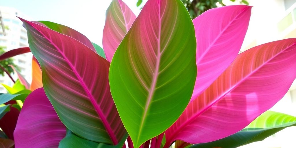 Planta Orelha de Elefante Rosa em fundo urbano.