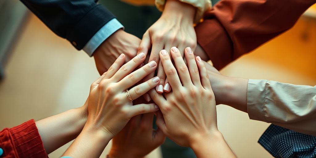 Diverse team hands stacked, showing commitment and responsibility.