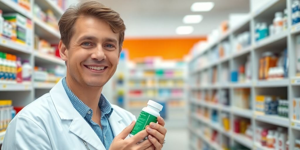 Pharmacist holding medication in a retail pharmacy.
