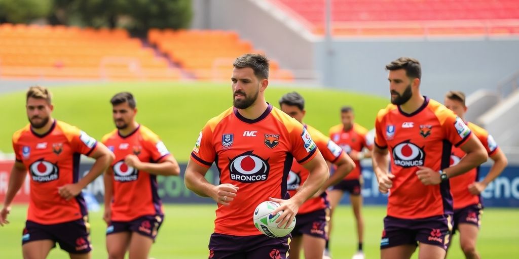 Brisbane Broncos players training together on the football field.