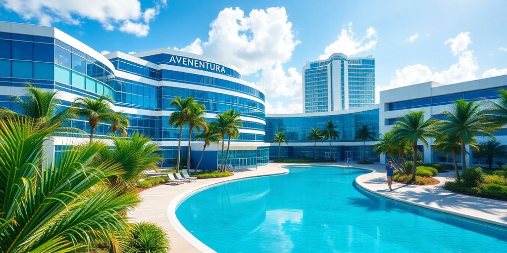 Aventura Florida hospital with modern architecture and greenery.