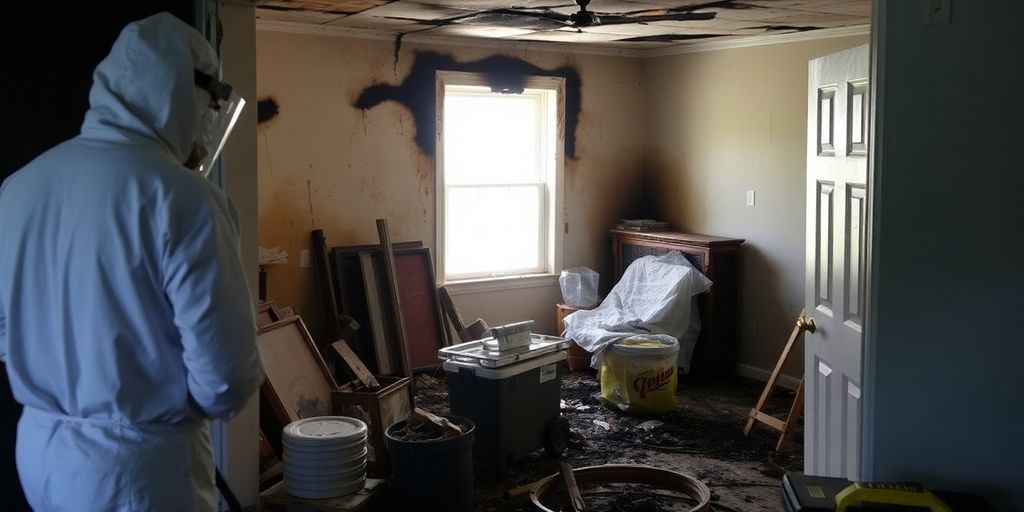 Fire-damaged home with restoration team assessing damage.