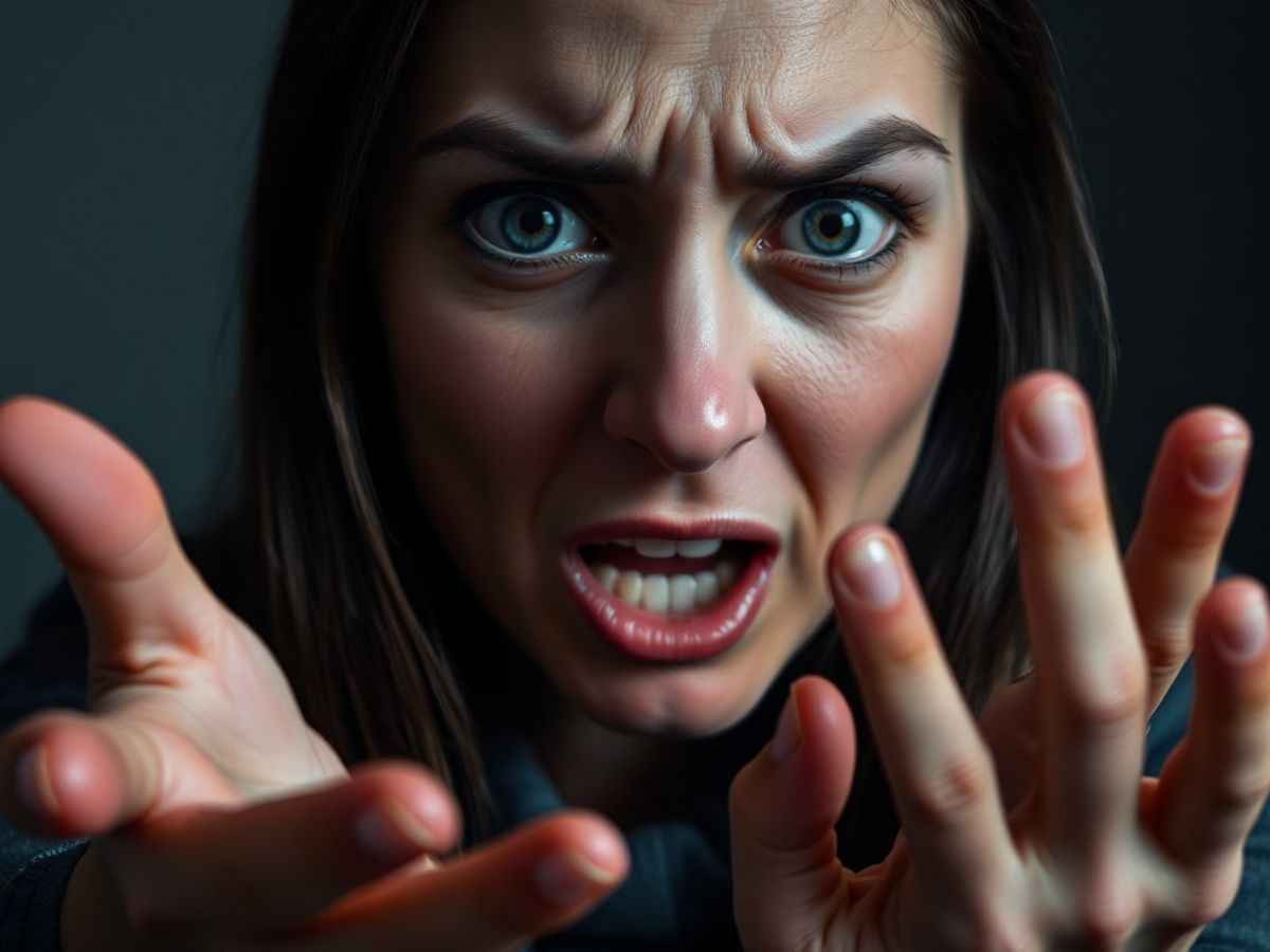 Femeie speriată, mână întinsă cerând ajutor