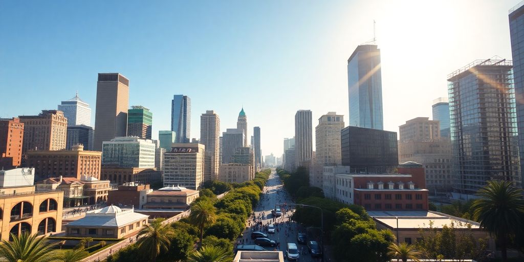 Vibrant California city skyline with diverse architecture and activity.