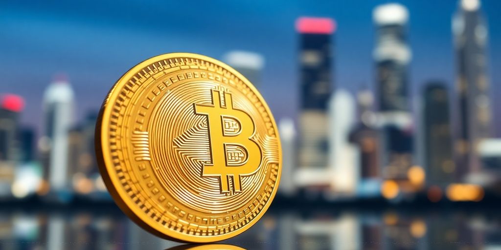 Golden bitcoin coin, digital currency, bright light, futuristic city