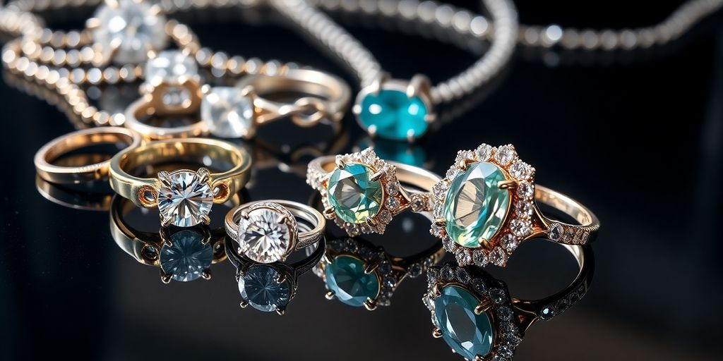 Bijoux brillants sur une surface réfléchissante.