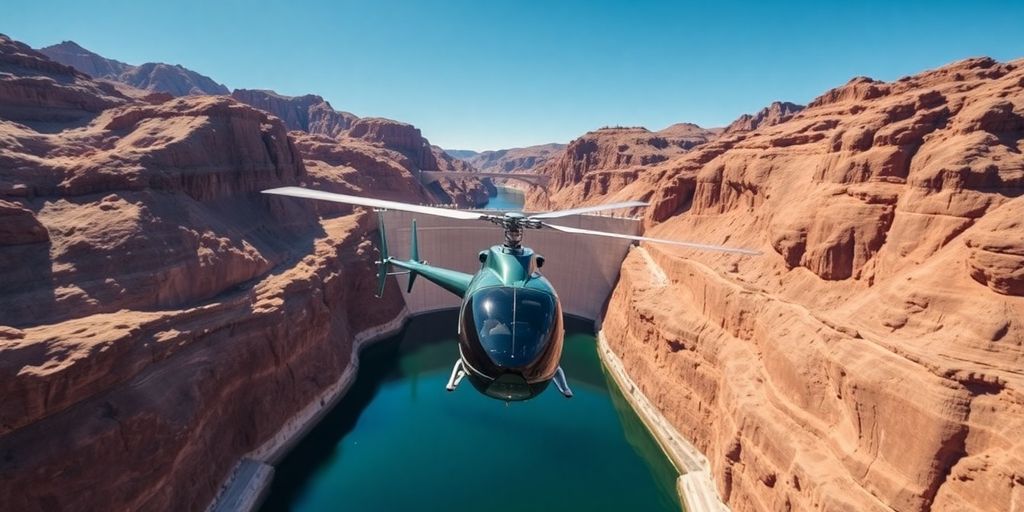 Helicopter flying low over the Hoover Dam and Lake Mead.