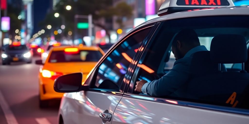 Taxi service providing comfort and safety in an urban setting.