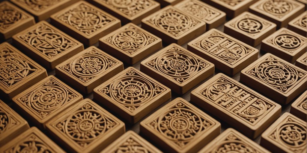 Close-up of bamboo Mahjong tiles in a grid.
