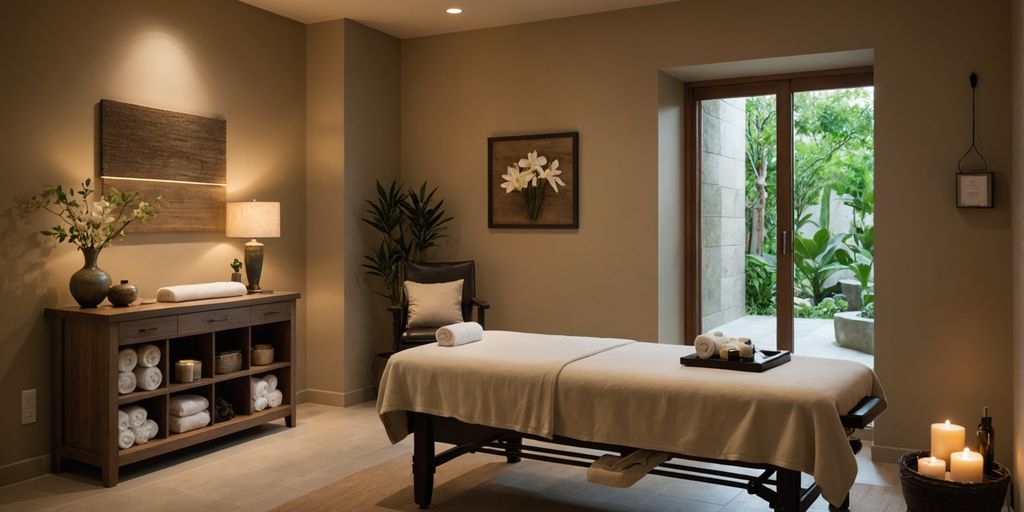 Serene spa room with massage table and calming decor.