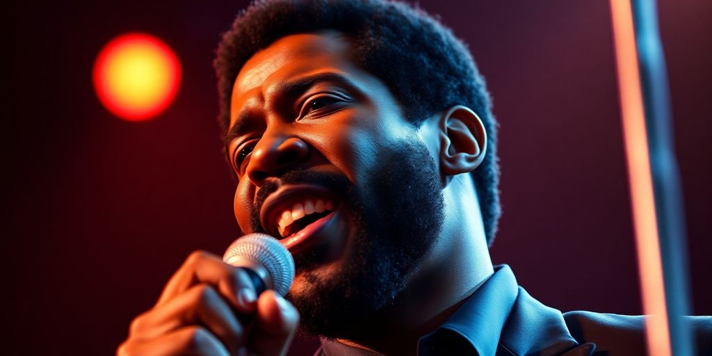 Marvin Gaye performing passionately on stage.