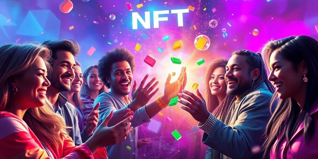 Celebrities engaging with colorful nfts in a digital setting.