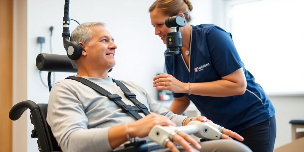 Patient using robotic rehabilitation equipment in a therapy session.
