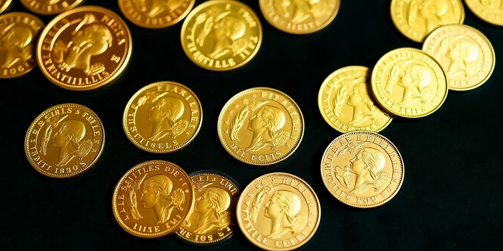 Collection de pièces Napoléon d'Or sur fond velours.