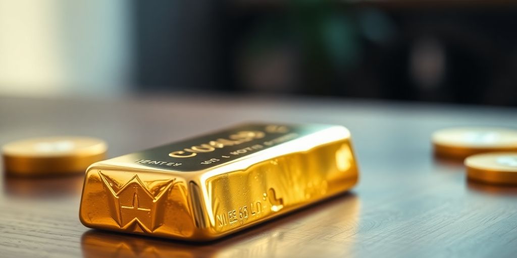 Lingot d'or sur une table en bois.