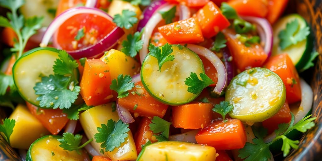 Vibrant Indian salad with fresh vegetables and herbs.