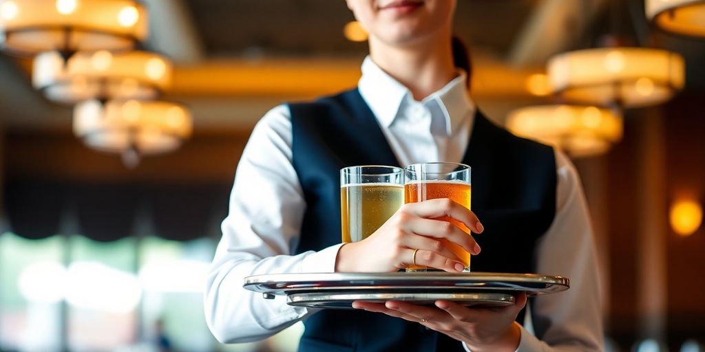 Server holding tray, professional, illustrative.