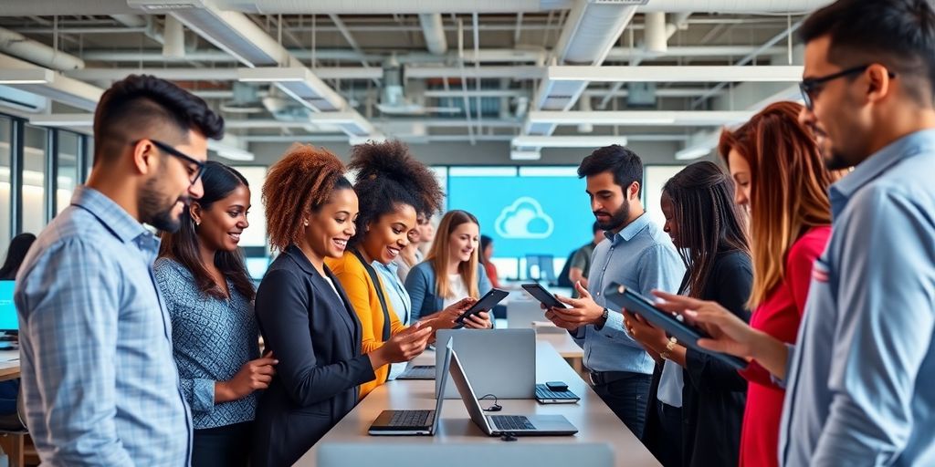 Diverse team collaborating in a modern tech office.