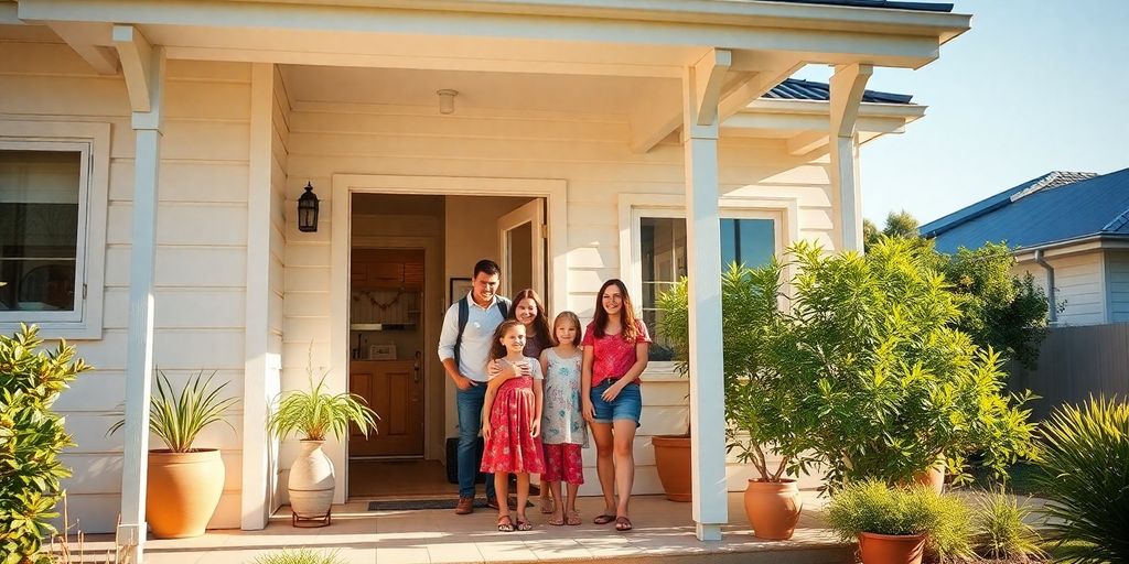 Australian family outside modern home
