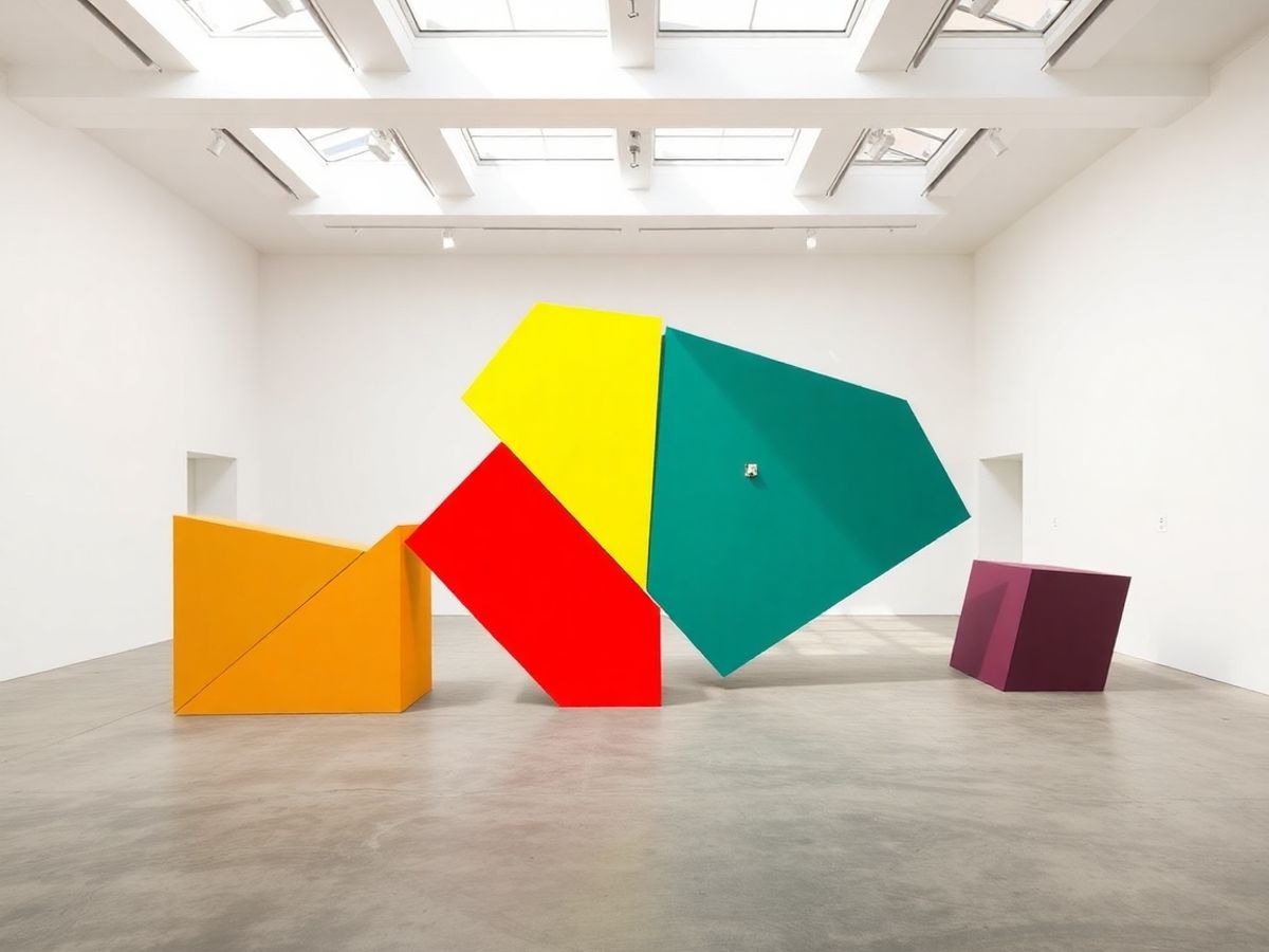 Instalație sculpturală colorată într-un spațiu de galerie.