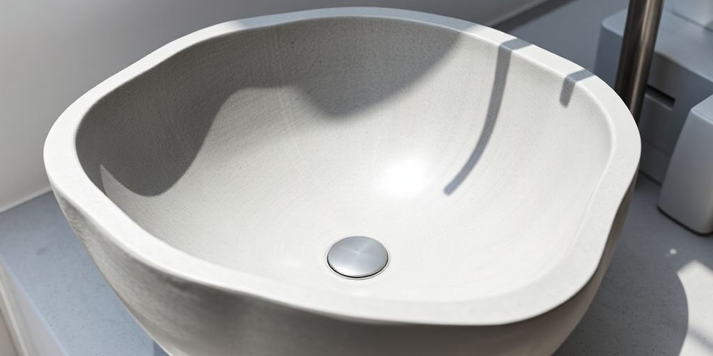 Irregular stone sink bowl with natural light, modern bathroom.