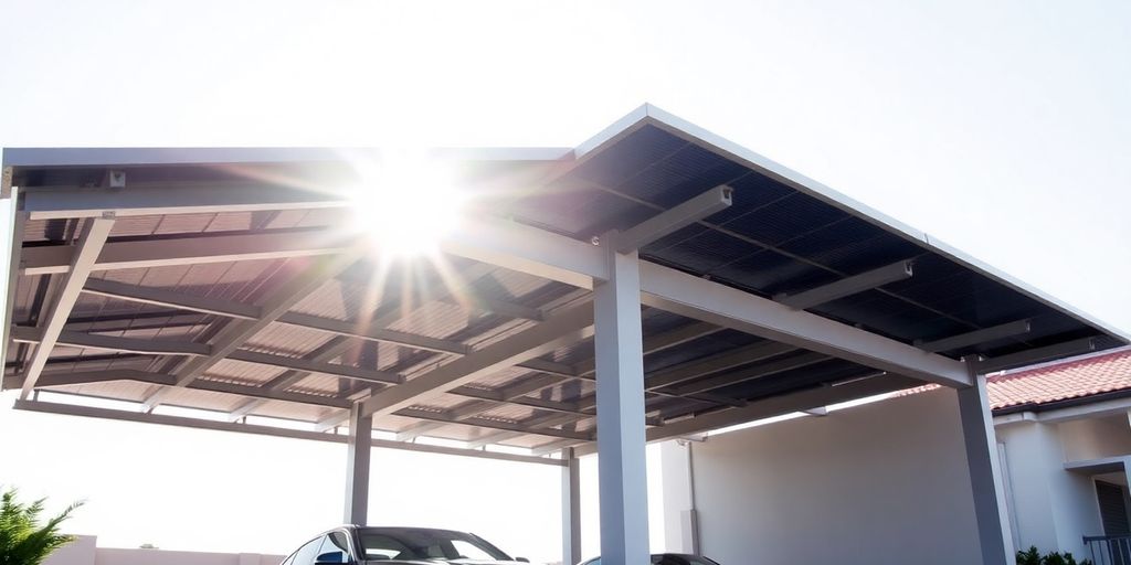Modern solar carport for two vehicles.
