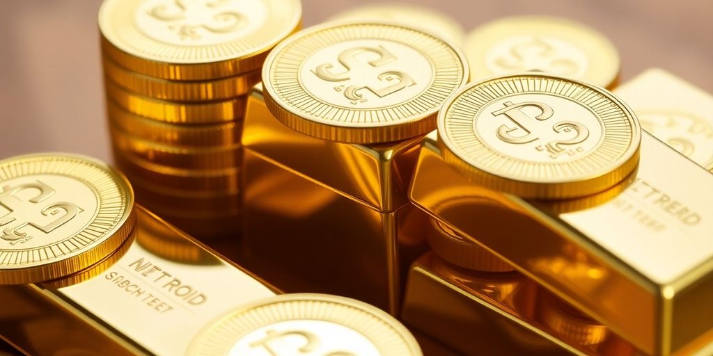 Pièces d'or brillantes et lingots empilés.