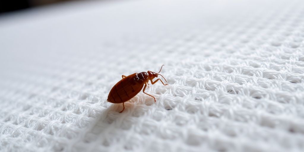 Close-up of a bed bug on a mattress.