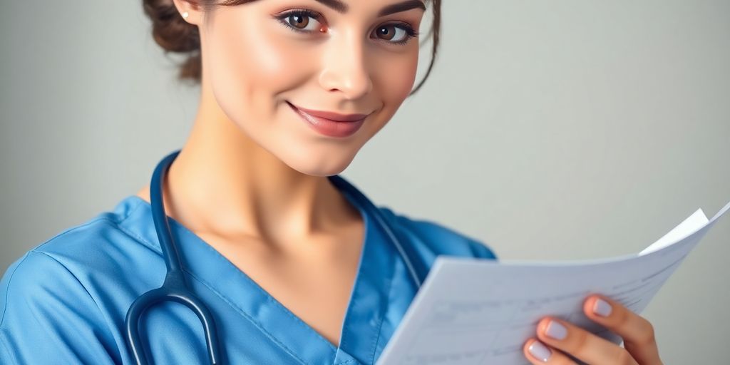 Nurse in scrubs, stethoscope, and medical chart.