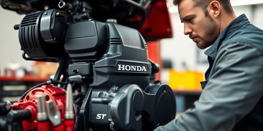 Mechanic inspecting car engine with tools.