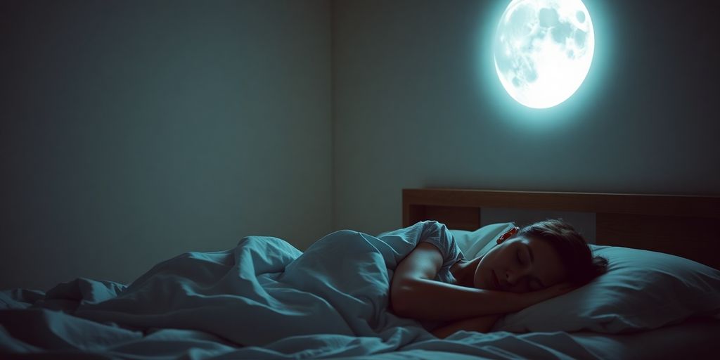 Person sleeping peacefully in a calm, moonlit bedroom.
