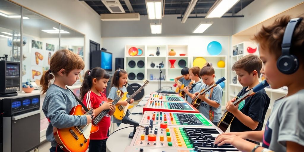Children engaging with musical instruments in a vibrant lab.