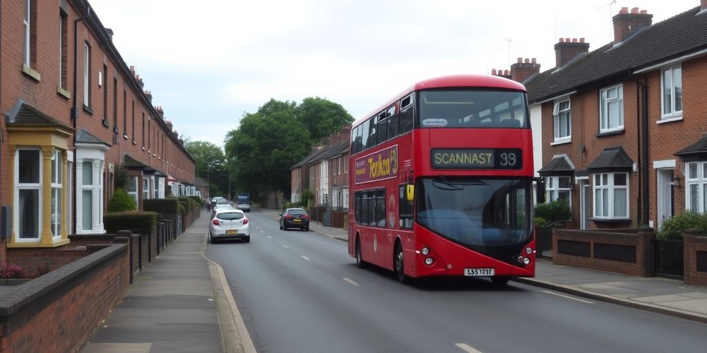 English suburban street with passing bus.