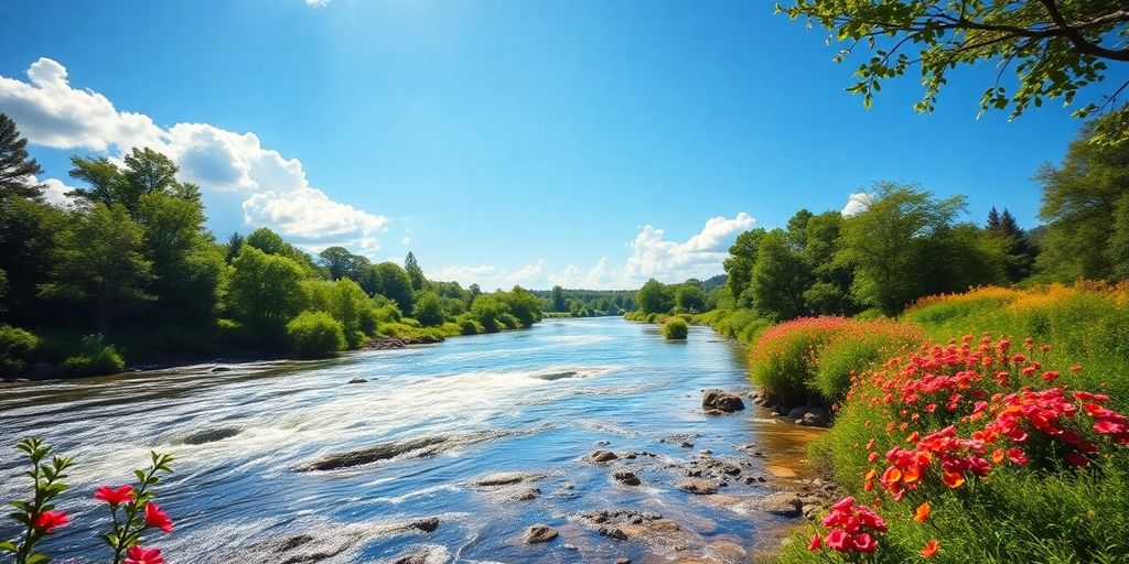 Scenic landscape with river and lush greenery for prosperity.