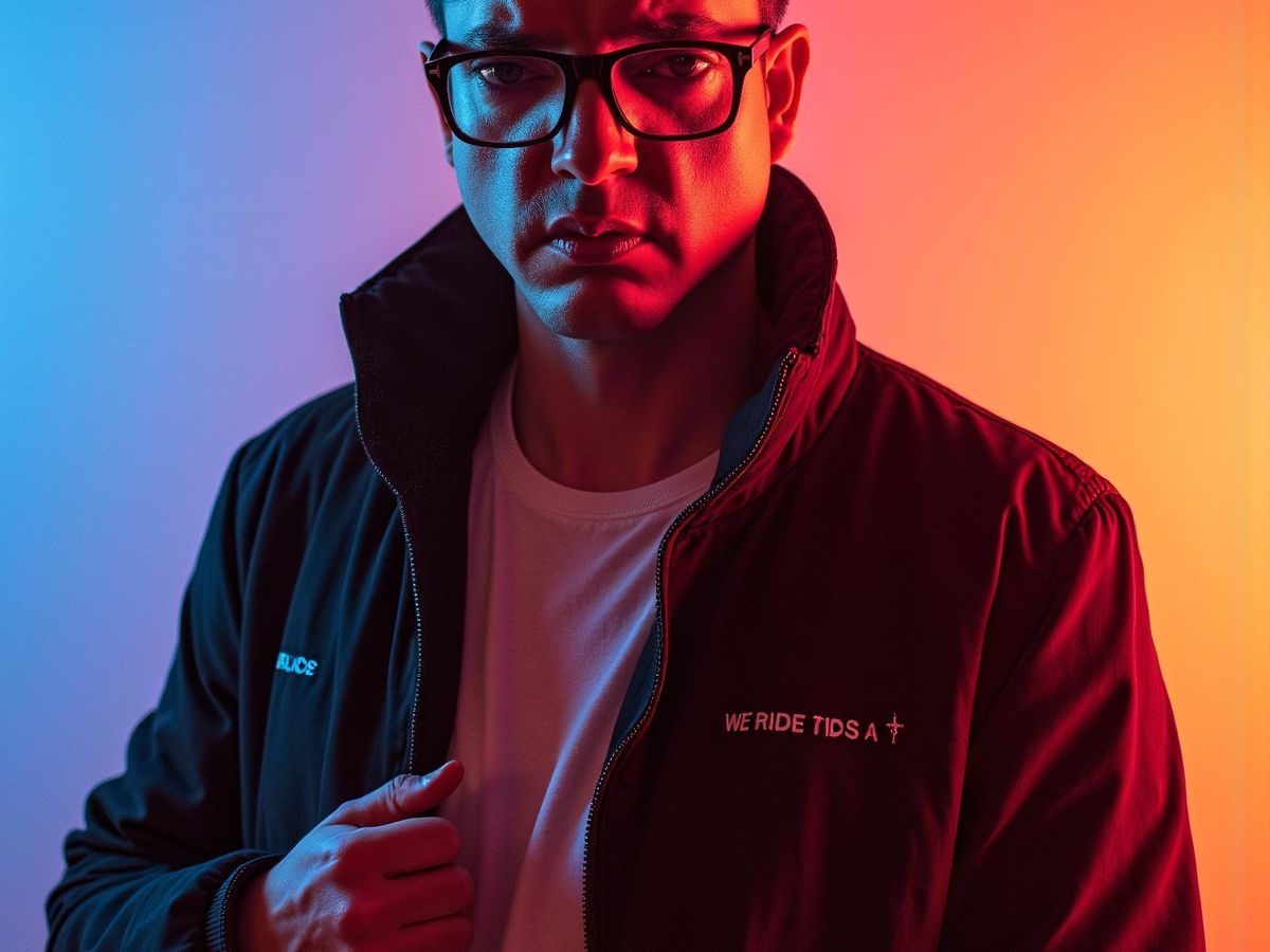 A person in a dark jacket against a colorful backdrop.