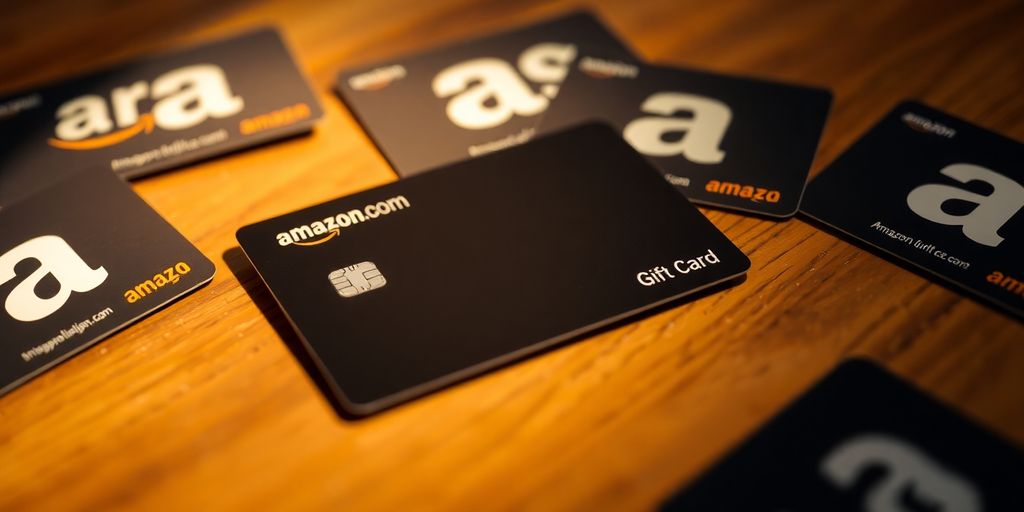 Amazon credit card with gift cards on a wooden table.