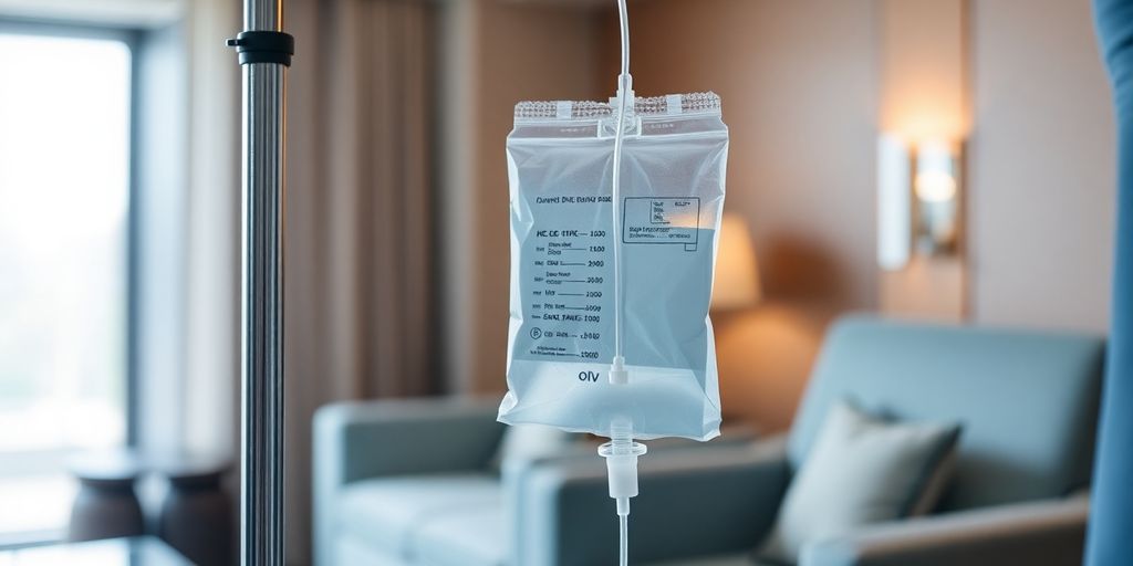 IV drip in hotel room.