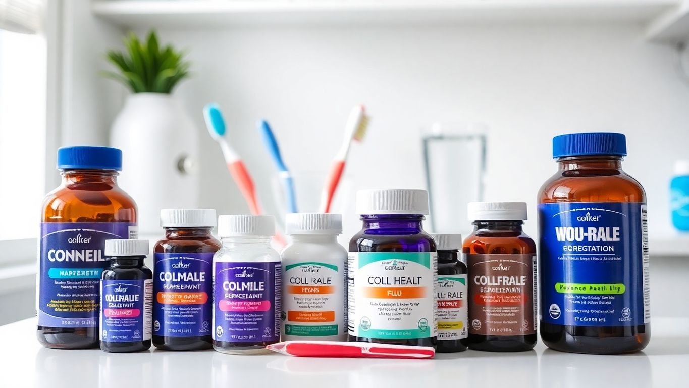 Oral health supplements on a countertop with toothbrush.