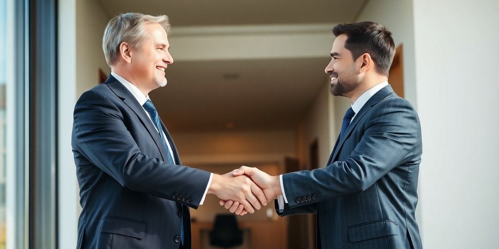 Lawyer shaking hands with a client in an office.