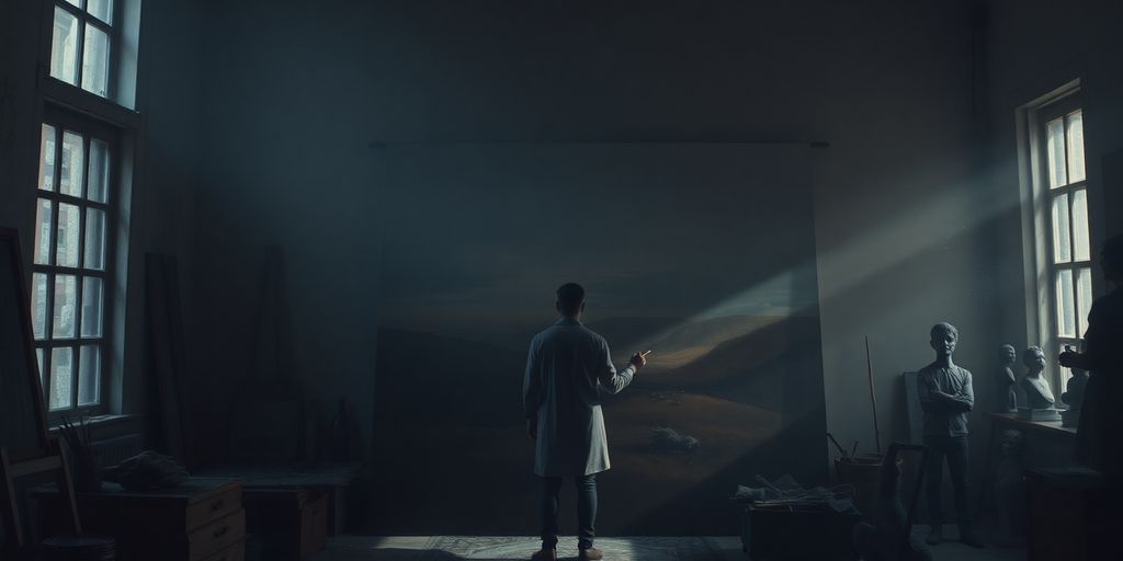 Figure in dim room, painting melancholic masterpiece.